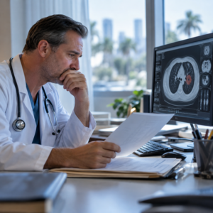 A doctor reviews abnormal laboratory results on a computer in a medical office.