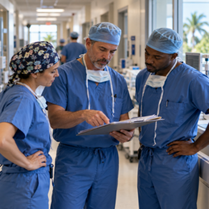 Surgical team reviews patient records in a hospital corridor
