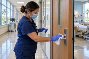 A hospital worker disinfects a patient-room door handle to help prevent infection.